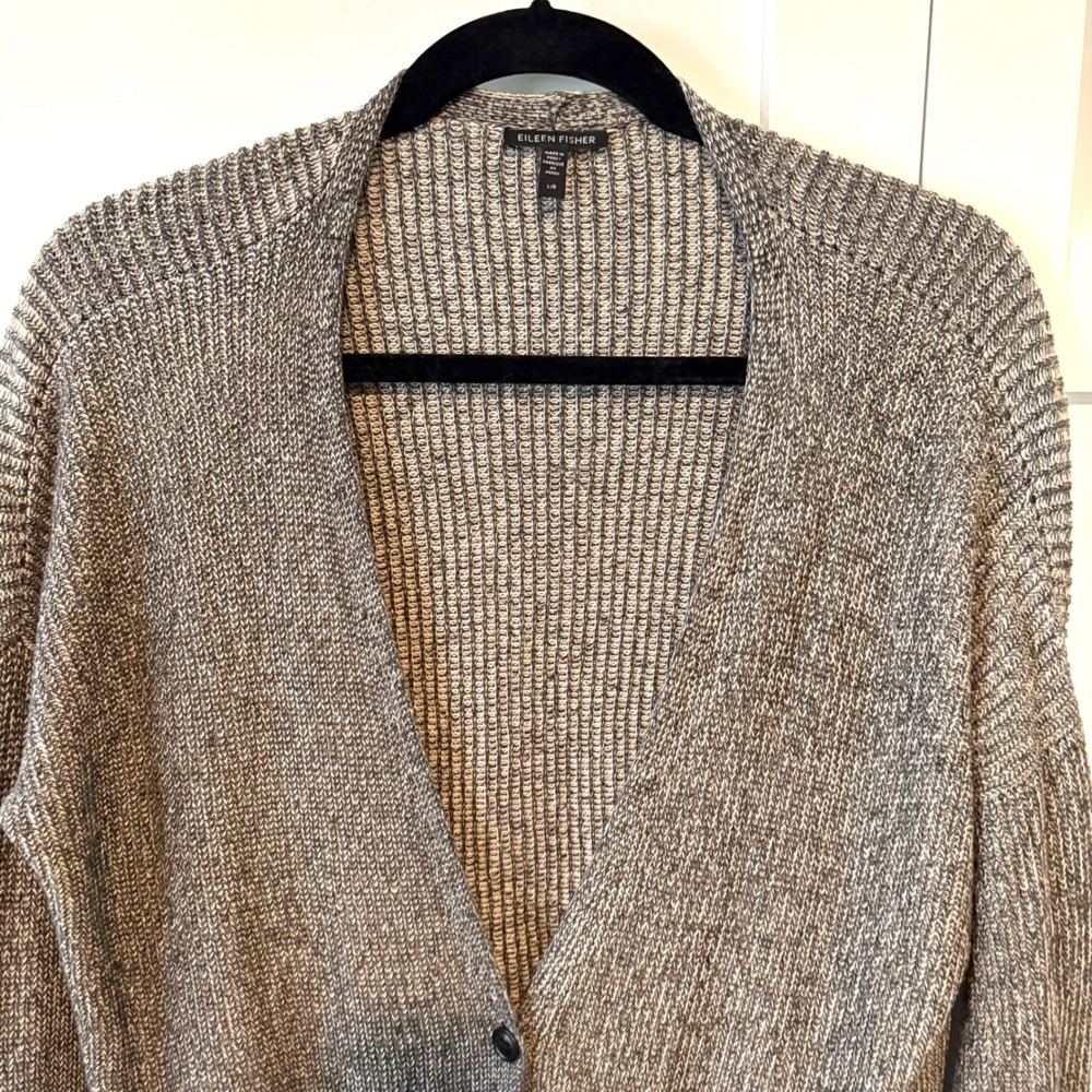 Eileen Fisher Women's Black and Cream Grandpa Cardigan Sweater in Size L - Picture 3 of 11
